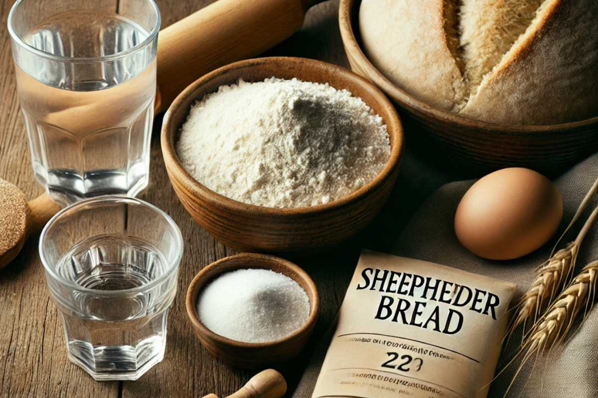 Essential ingredients for sheepherder bread on a rustic wooden surface, including flour, warm water, yeast, and salt.