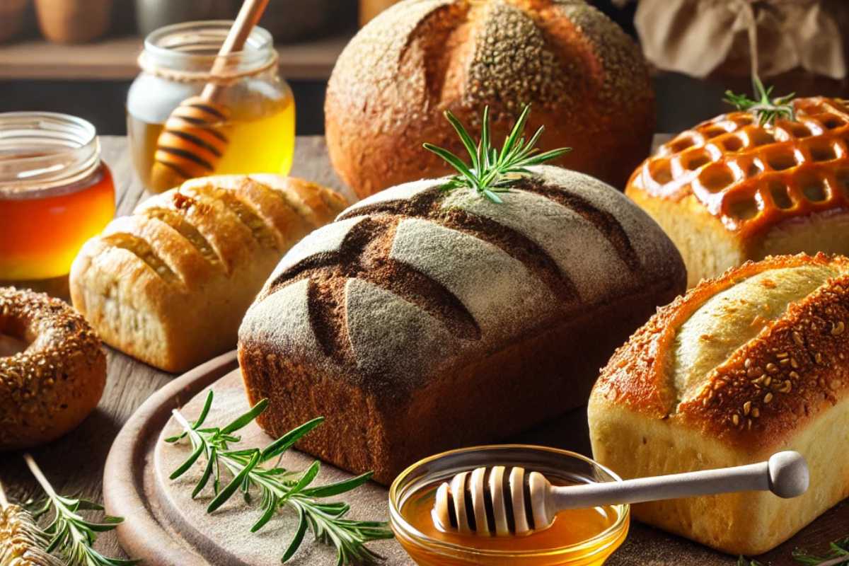 A variety of sheepherder bread loafs, including whole wheat, rosemary-topped, and honey-glazed variations on a wooden board.