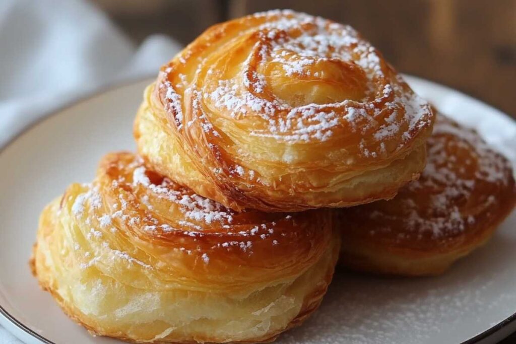 Close-up of golden French Breakfast Puffs dusted with powdered sugar on a plate.