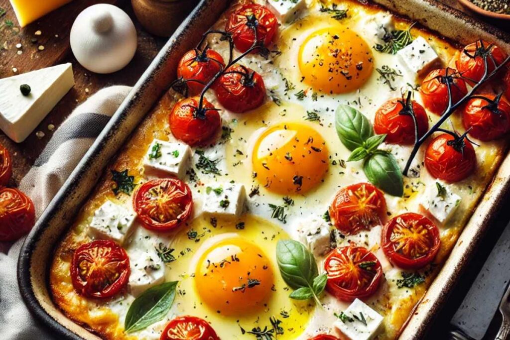 Rustic baking dish with creamy feta cheese, baked eggs with golden yolks, cherry tomatoes, and fresh herbs.