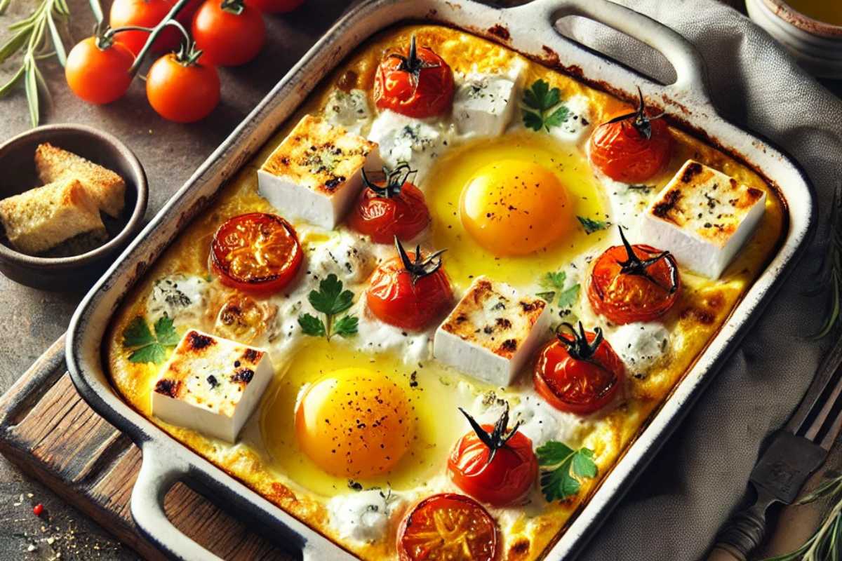 Rustic Mediterranean breakfast table featuring baked feta eggs with cherry tomatoes and herbs.