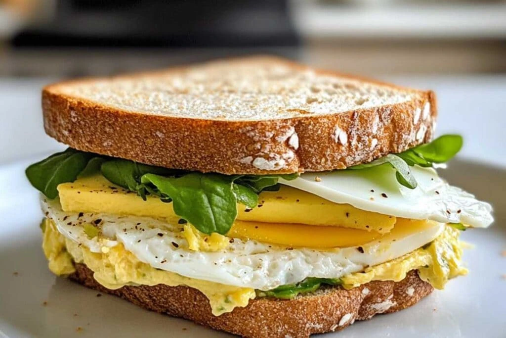 "Homemade egg sandwich with leafy greens, cheese, and multigrain bread"