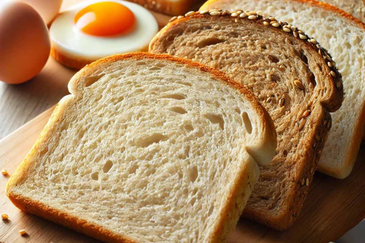 "Bread options for an egg sandwich, including white, whole wheat, and multigrain slices on a wooden cutting board."