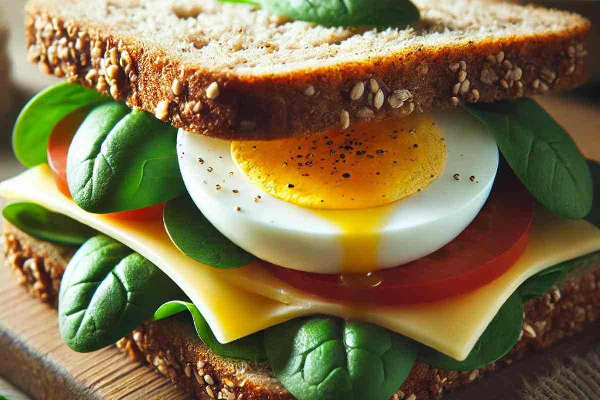 "Healthy homemade egg sandwich with whole-grain bread, spinach, low-fat cheese, and a boiled egg."