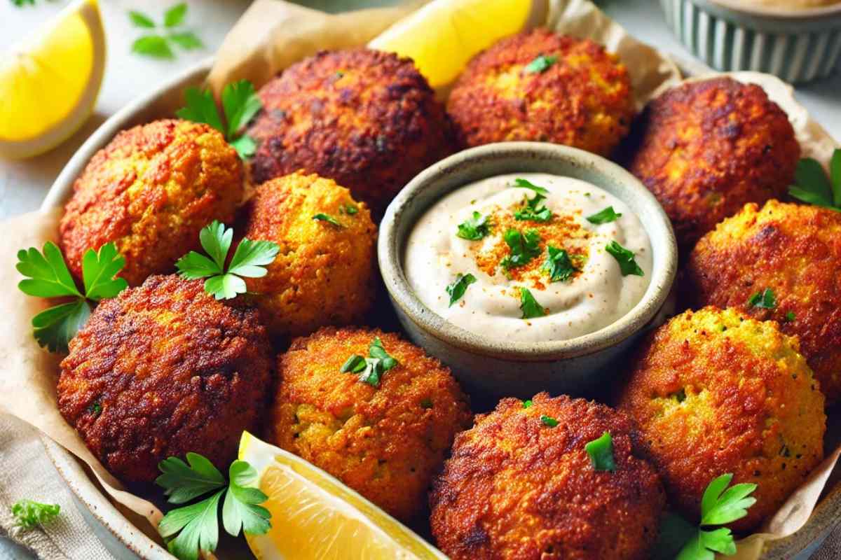 Golden baked falafel with tahini sauce, fresh herbs, and lemon slices – a healthy alternative to fried falafel