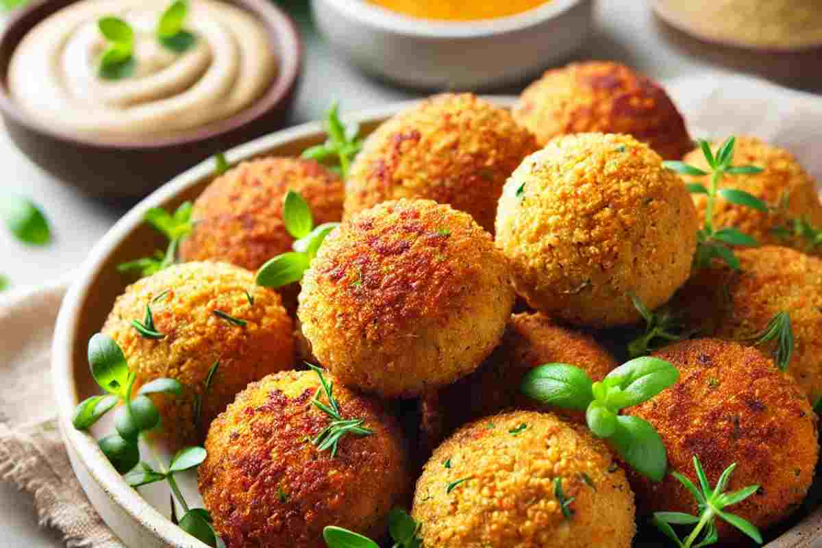 Golden crispy baked falafel served with tahini sauce and fresh herbs, highlighting the texture"