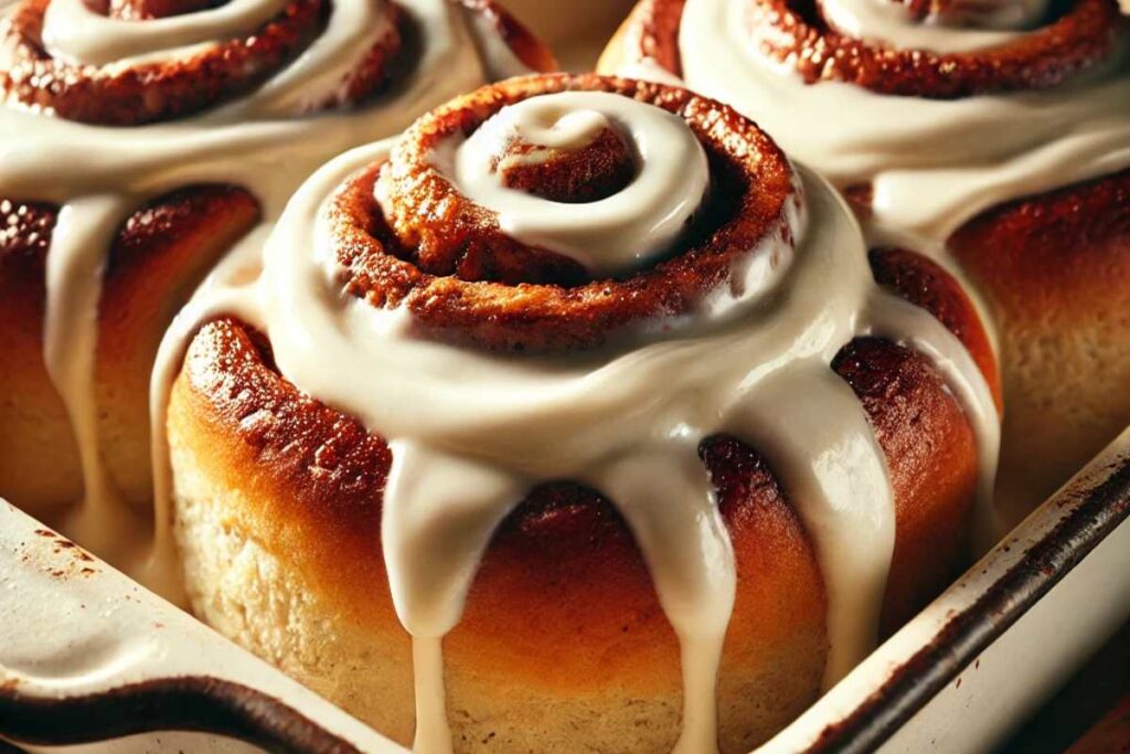 Close-up of freshly baked sourdough cinnamon rolls with cream cheese frosting in a baking dish.