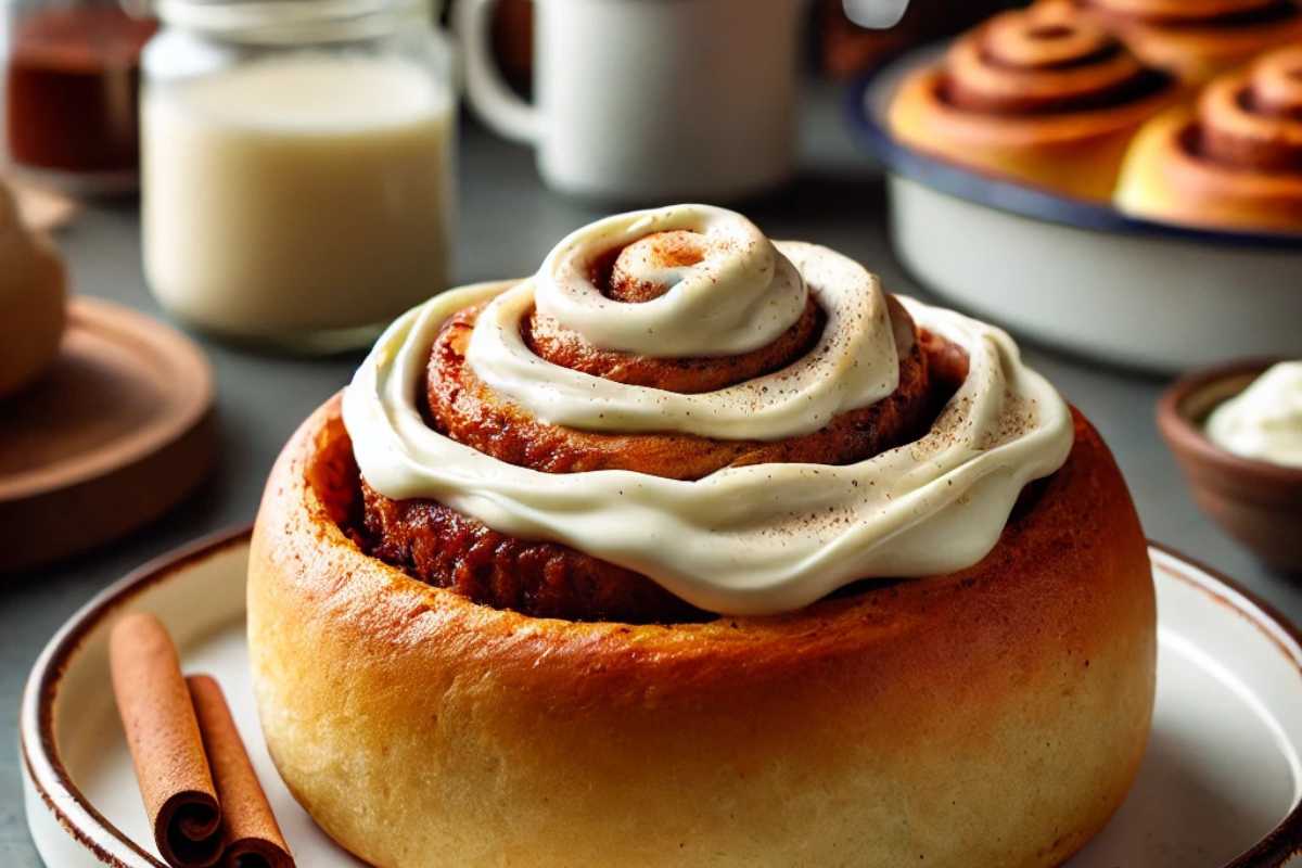 A plate of golden-brown sourdough cinnamon rolls topped with cream cheese frosting, set in a cozy kitchen.