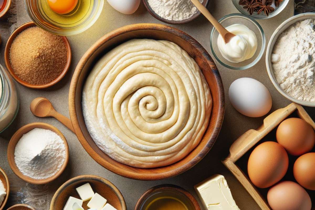 Overhead view of ingredients for sourdough cinnamon rolls on a rustic kitchen counter, including sourdough starter, flour, and brown sugar.