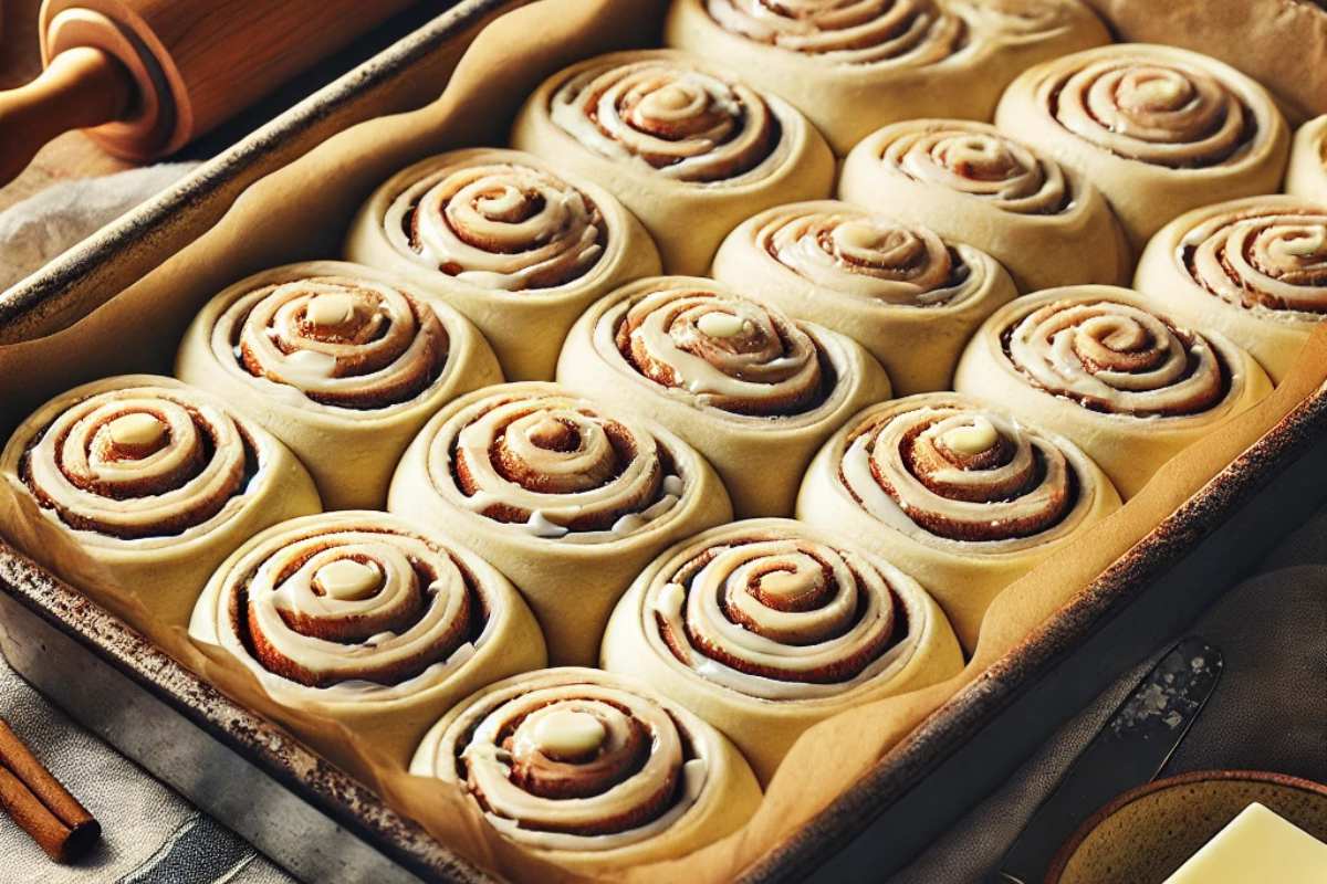 Unbaked sourdough cinnamon rolls arranged in a baking dish, topped with butter, ready for the oven.