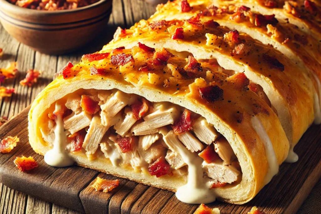 Chicken Bacon Ranch Stromboli with crispy crust, filled with chicken, bacon, ranch dressing, and melted cheese