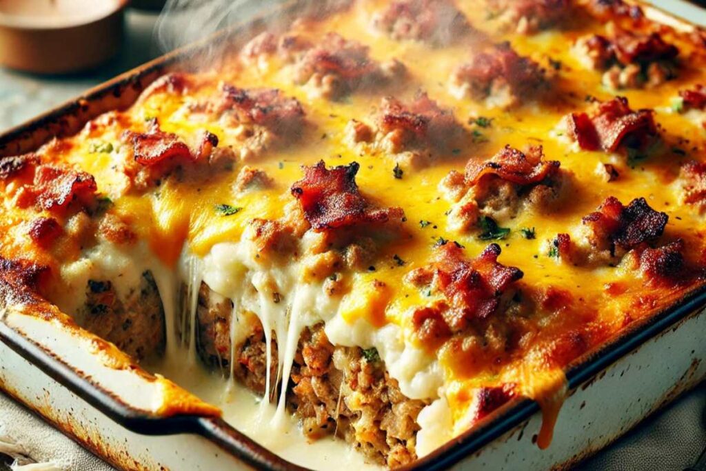 Cheesy loaded meatloaf casserole with layers of mashed potatoes, cheese, and vegetables baked to golden perfection.