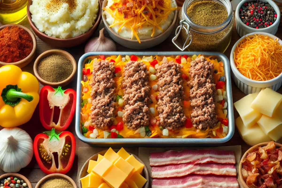 Ingredients for a cheesy loaded meatloaf casserole, including ground meat, cheddar cheese, mashed potatoes, bacon bits, diced vegetables, and seasonings, displayed in a rustic kitchen setting.