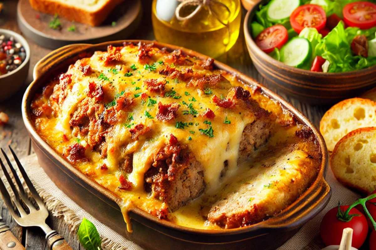 A cheesy loaded meatloaf casserole served with a fresh salad and garlic bread in a cozy, rustic kitchen setting.