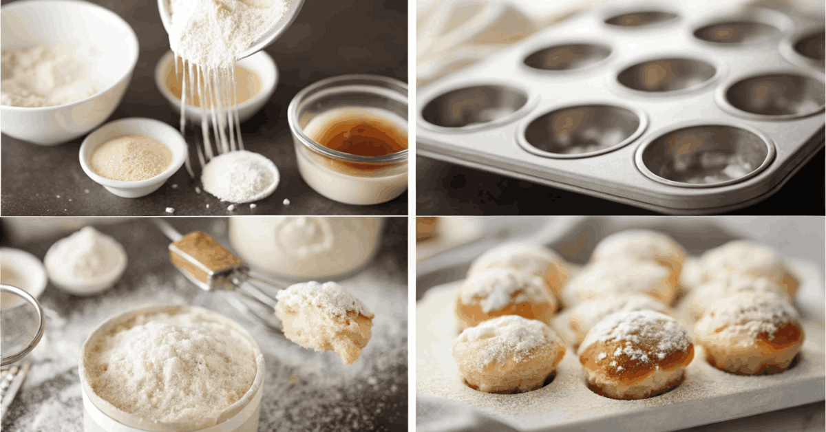 Step-by-step guide to making French Breakfast Puffs, including mixing ingredients, filling muffin tins, and baking to golden perfection