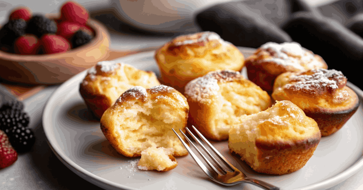 French Breakfast Puffs served with coffee, fresh fruit, and yogurt on a cozy breakfast table