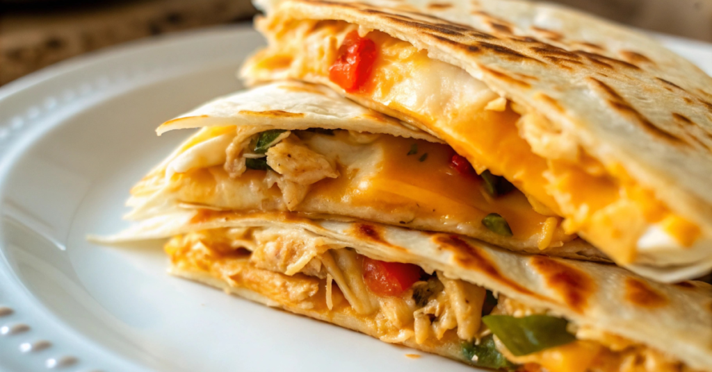 Stacked chicken quesadilla slices with melted cheese, chicken, and fresh spinach