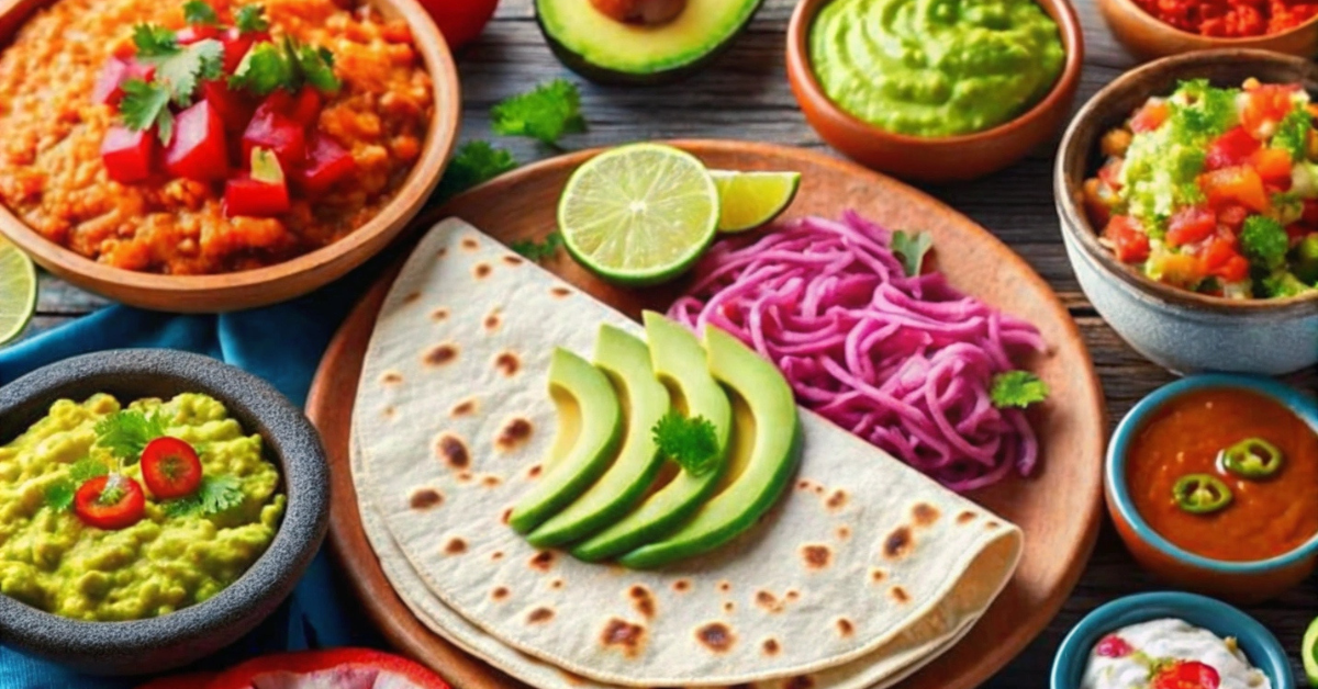 Delicious Mexican meal featuring tortillas, avocado, guacamole, salsa, lime, and pickled vegetables