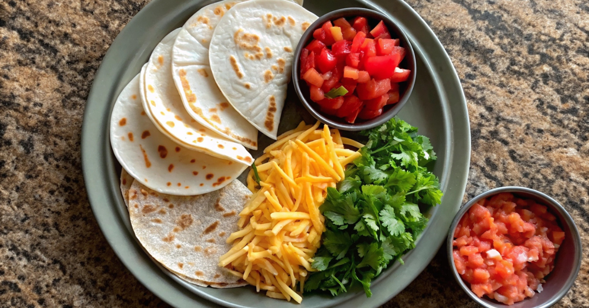 Plate with flour tortillas, shredded cheese, cilantro, and fresh tomato salsa, ready for a chicken quesadilla.