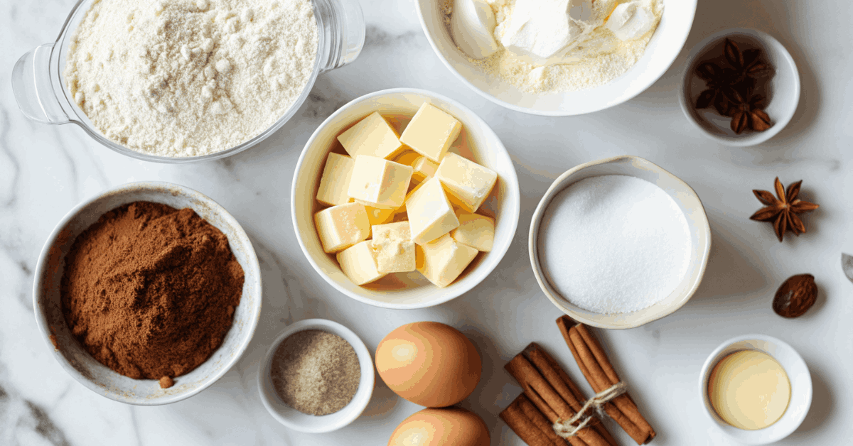 French Breakfast Puffs ingredients arranged on a wooden surface, including flour, eggs, butter, cinnamon, sugar, and nutmeg.