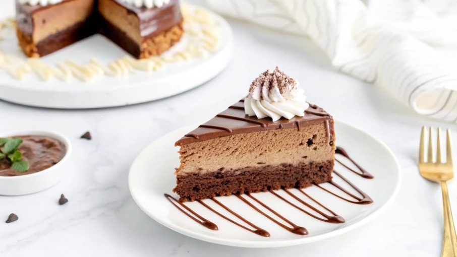 Baking tools and tips for making Dark Chocolate Mousse Cake, including a serrated knife, chilled mixing bowl, and chocolate thermometer.