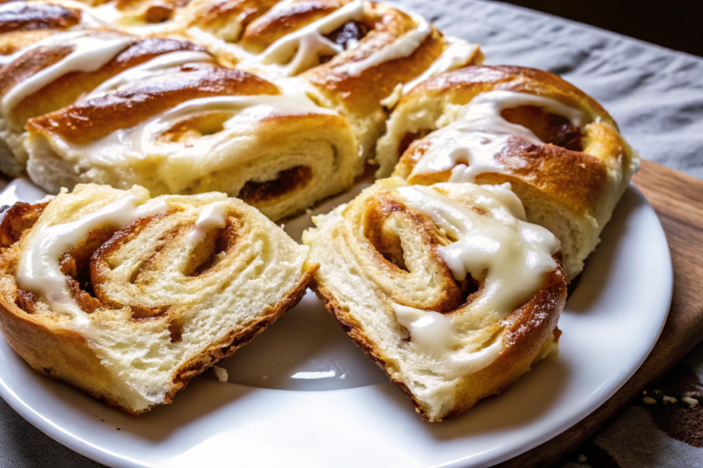 Soft and fluffy sourdough cinnamon rolls with glaze, sliced and served on a plate.