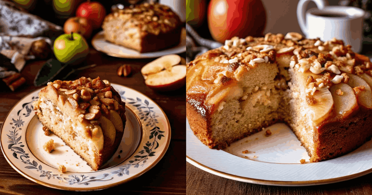 A moist Apple Dapple Cake on a wooden table with cinnamon sticks, pecans, and fresh apples, perfect for fall baking