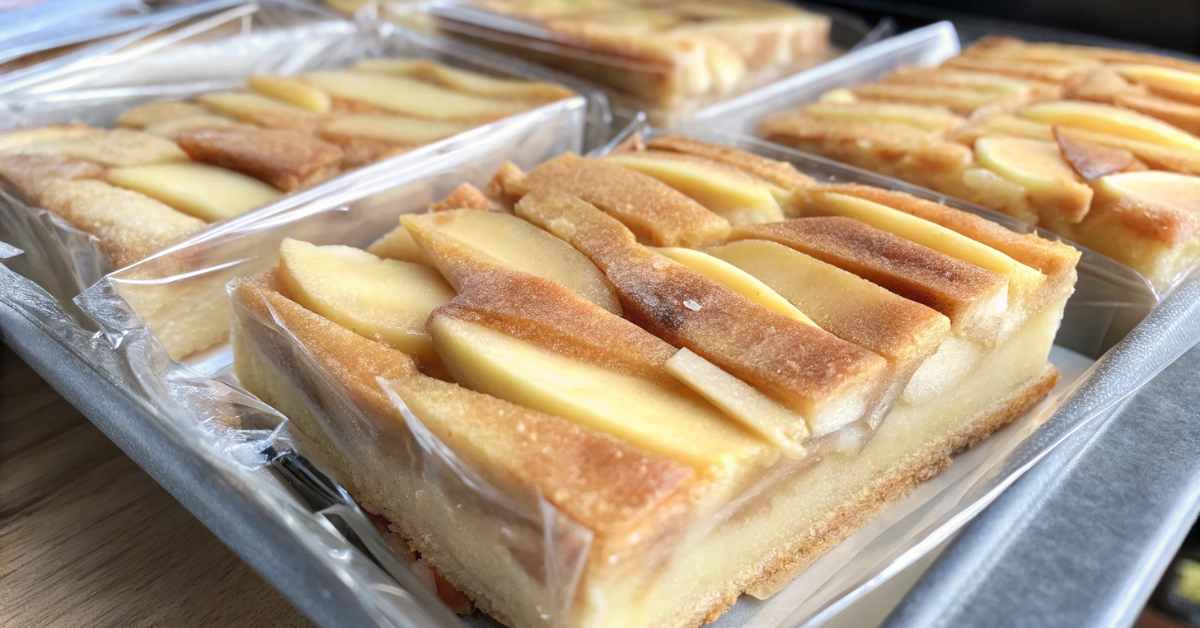 Apple Dapple Cake stored in an airtight container, with some slices wrapped for freezing, ensuring freshness for longer.