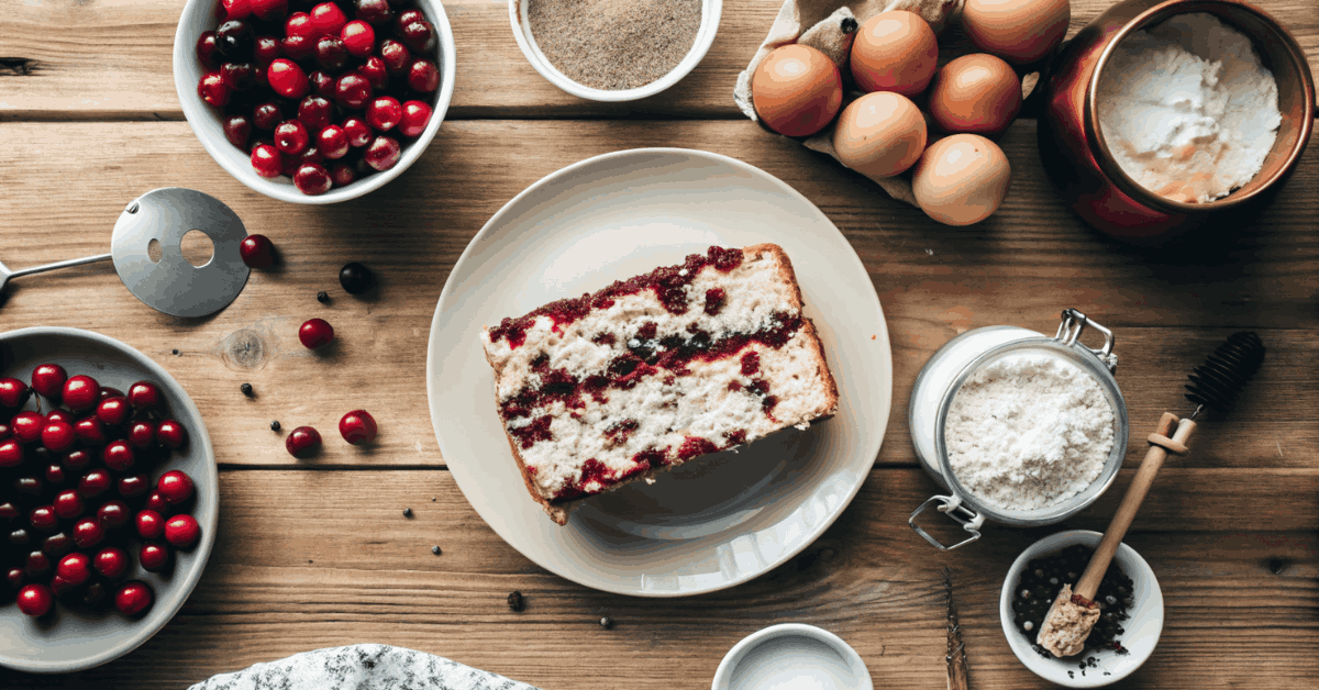 Baking ingredients for Cranberry Christmas Cake including fresh cranberries, flour, sugar, eggs, butter, and vanilla extract, arranged on a wooden table.