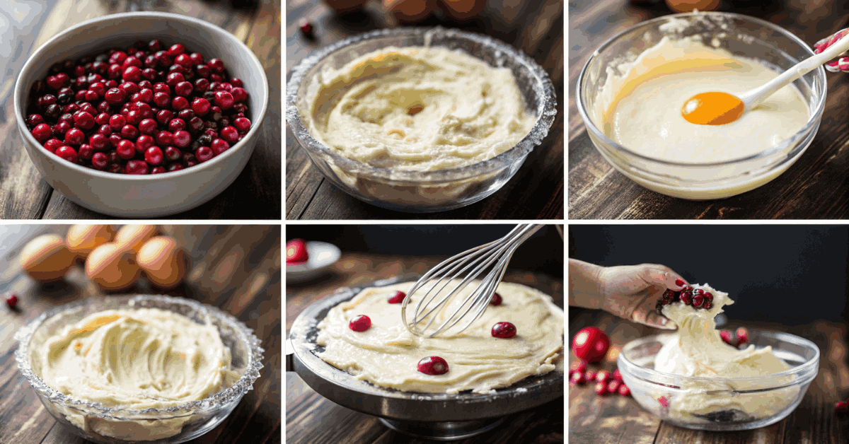 Step-by-step process of making Cranberry Christmas Cake: mixing batter, folding in cranberries, pouring into a baking dish, and baking to perfection.