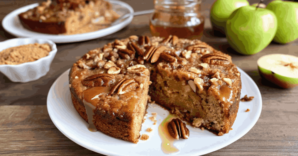 Moist Apple Dapple Cake with brown sugar glaze, sliced on a rustic wooden table with apples and cinnamon sticks in the background