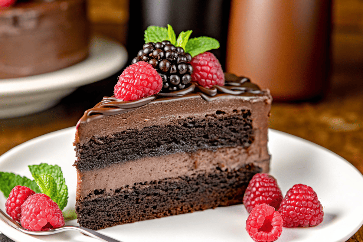 Slice of Dark Chocolate Mousse Cake with rich chocolate layers, airy mousse, and glossy ganache, garnished with fresh berries and mint leaves.