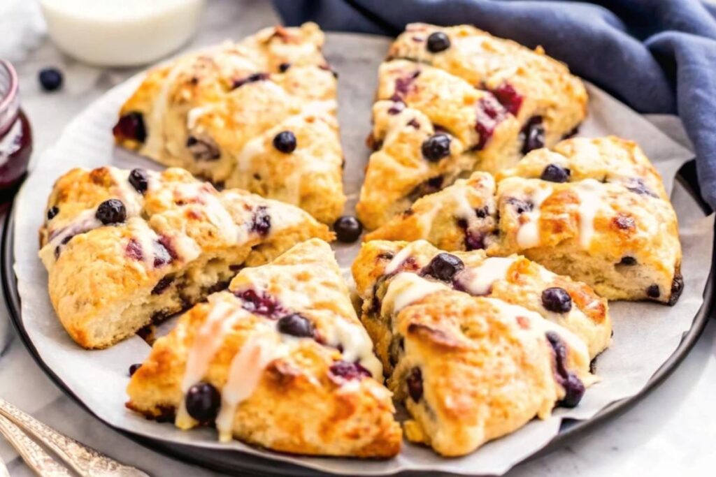 Freshly baked golden-brown scones served with clotted cream and raspberry jam on a rustic wooden table, accompanied by a cup of tea