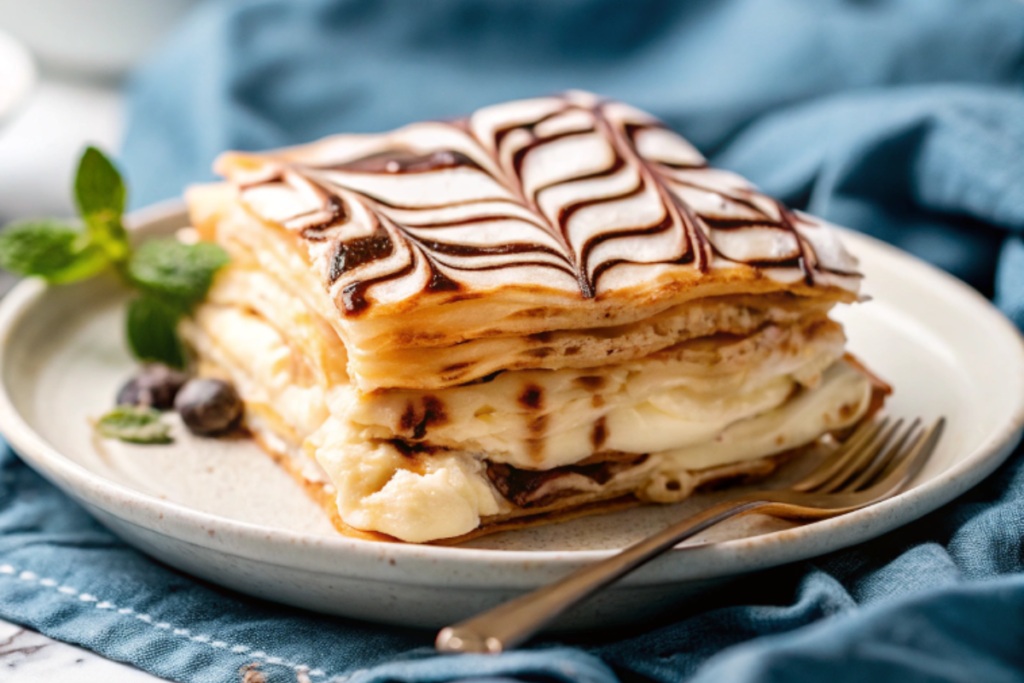 A beautifully crafted Mille-Feuille (Napoleon Pastry) with layers of flaky puff pastry, rich pastry cream, and marbled icing, served on a white plate.