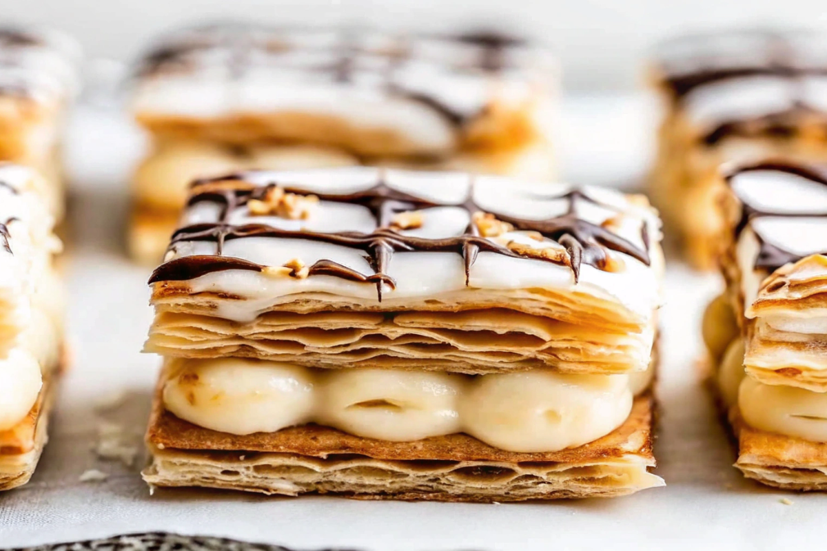 Close-up of Mille-Feuille (Napoleon Pastry) showing layers of golden puff pastry and creamy pastry cream with marbled icing.