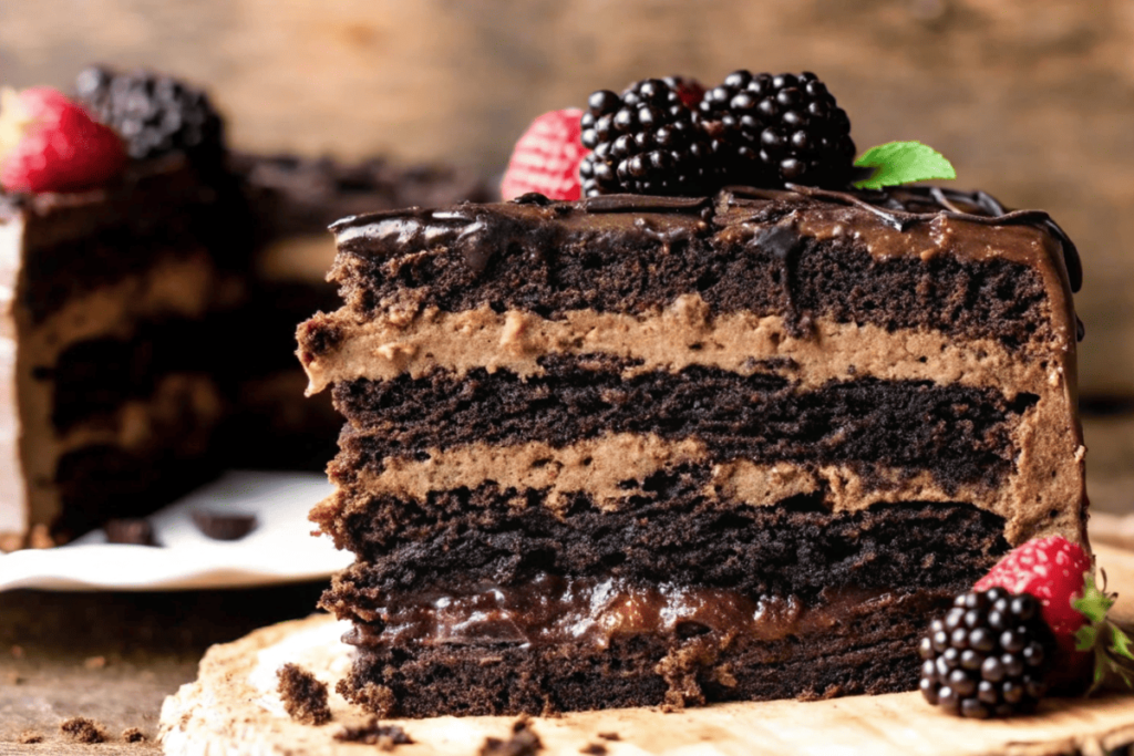 Close-up of a decadent Dark Chocolate Mousse Cake with layers of rich chocolate sponge, creamy mousse filling, and glossy ganache, topped with fresh blackberries and raspberries.