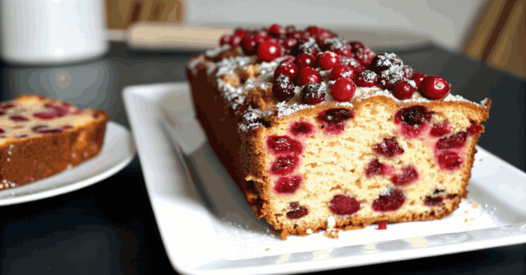 Golden-brown Cranberry Christmas Cake with fresh cranberries inside, dusted with powdered sugar, on a rustic wooden table with festive decorations.