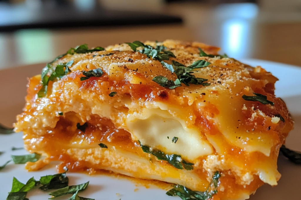 Cheesy Crockpot Ravioli Lasagna with marinara sauce and fresh basil, served on a white plate with a slow cooker in the background