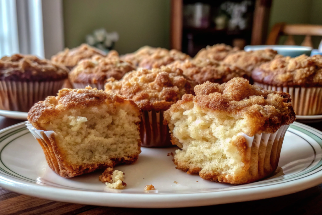 Freshly baked crumb cake muffins with a buttery cinnamon crumble topping, served on a rustic wooden table.