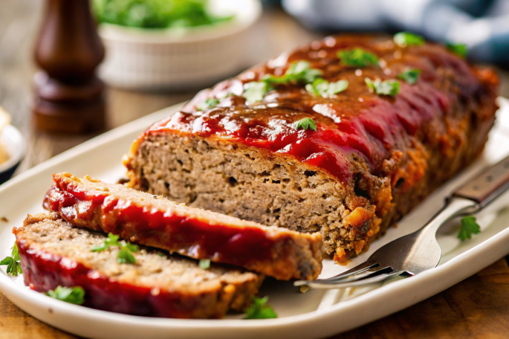 A sliced turkey meatloaf with a glossy ketchup glaze, served with mashed potatoes and Brussels sprouts on a rustic wooden board