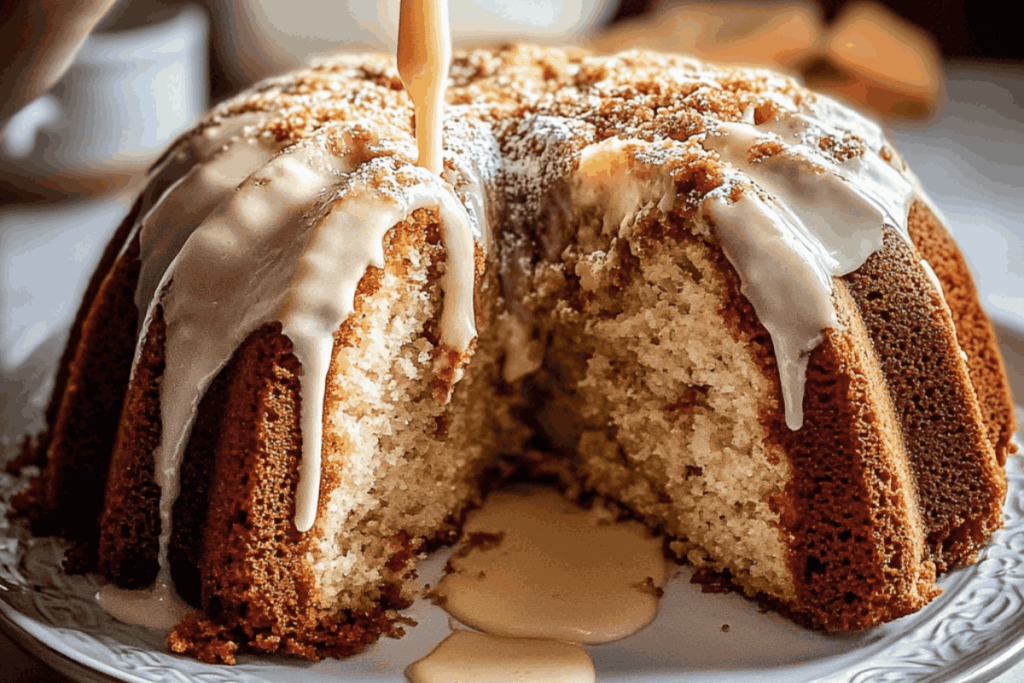 Spiced Cream Cheese Bundt Cake with cinnamon glaze and cream cheese filling, beautifully plated on a rustic wooden table.