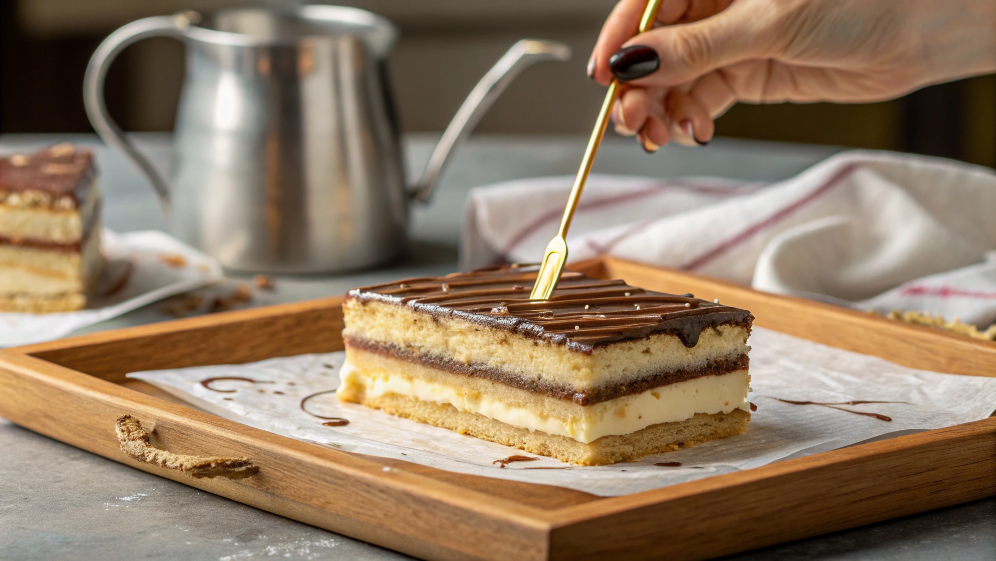 Mille-Feuille on a plate surrounded by question marks, symbolizing frequently asked questions about the classic dessert.