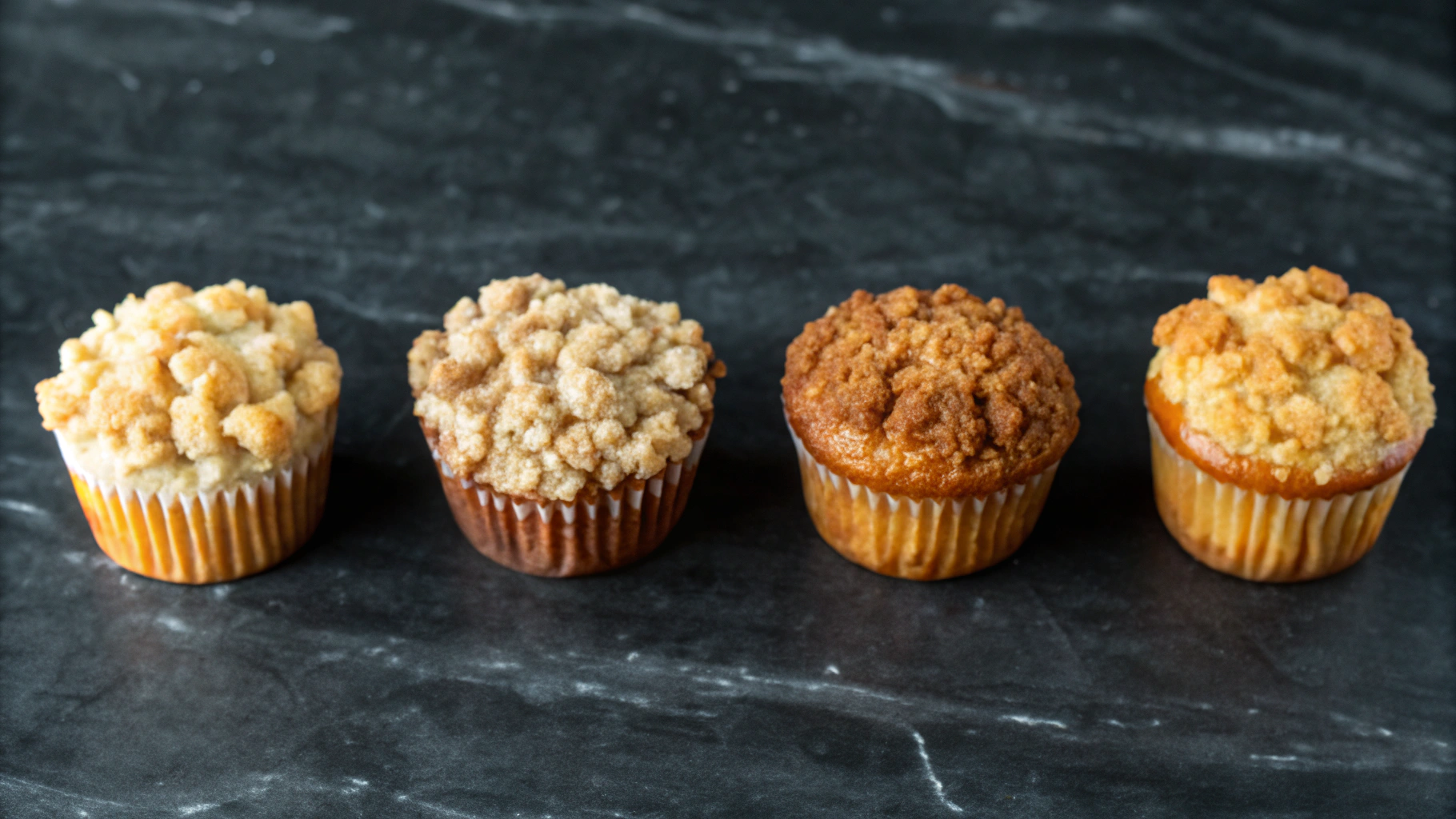 Comparison of baking mistakes in crumb cake muffins, including dry texture, sunken crumb topping, and a perfectly baked muffin.