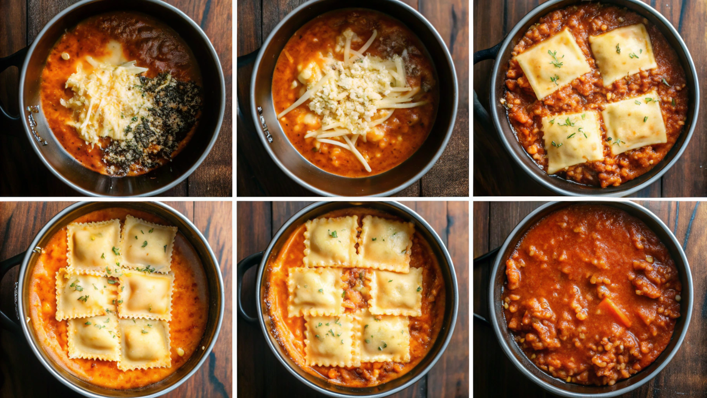 Step-by-step process of making Crockpot Ravioli Lasagna, including browning meat, layering ingredients in the slow cooker, setting the timer, and the final cheesy result.