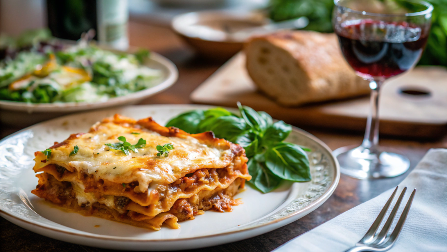 A complete meal featuring Crockpot Ravioli Lasagna, garlic bread, Caesar salad, and red wine, served on a rustic dinner table.