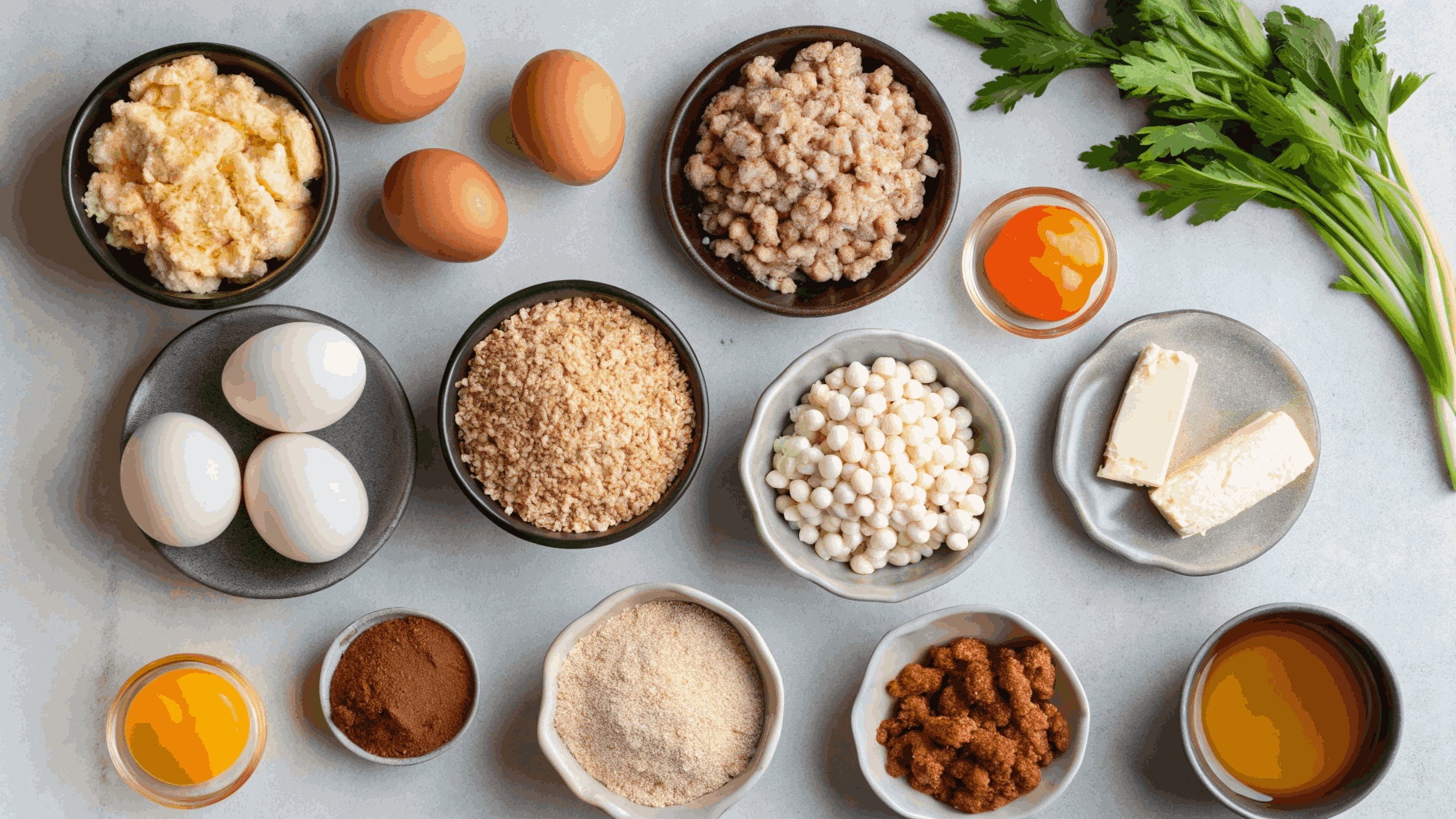 A flat-lay image displaying the key ingredients for the best turkey meatloaf, including ground turkey, eggs, breadcrumbs, and seasonings.