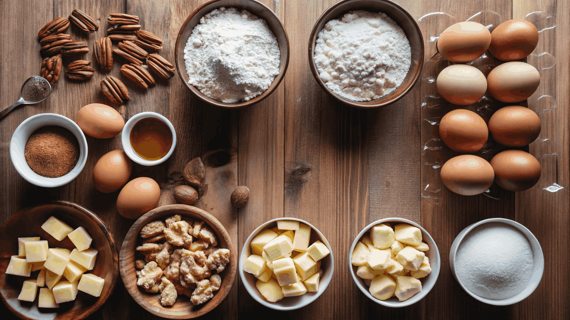 Ingredients for Apple Dapple Cake including flour, eggs, apples, brown sugar, cinnamon, and pecans arranged on a rustic wooden countertop.