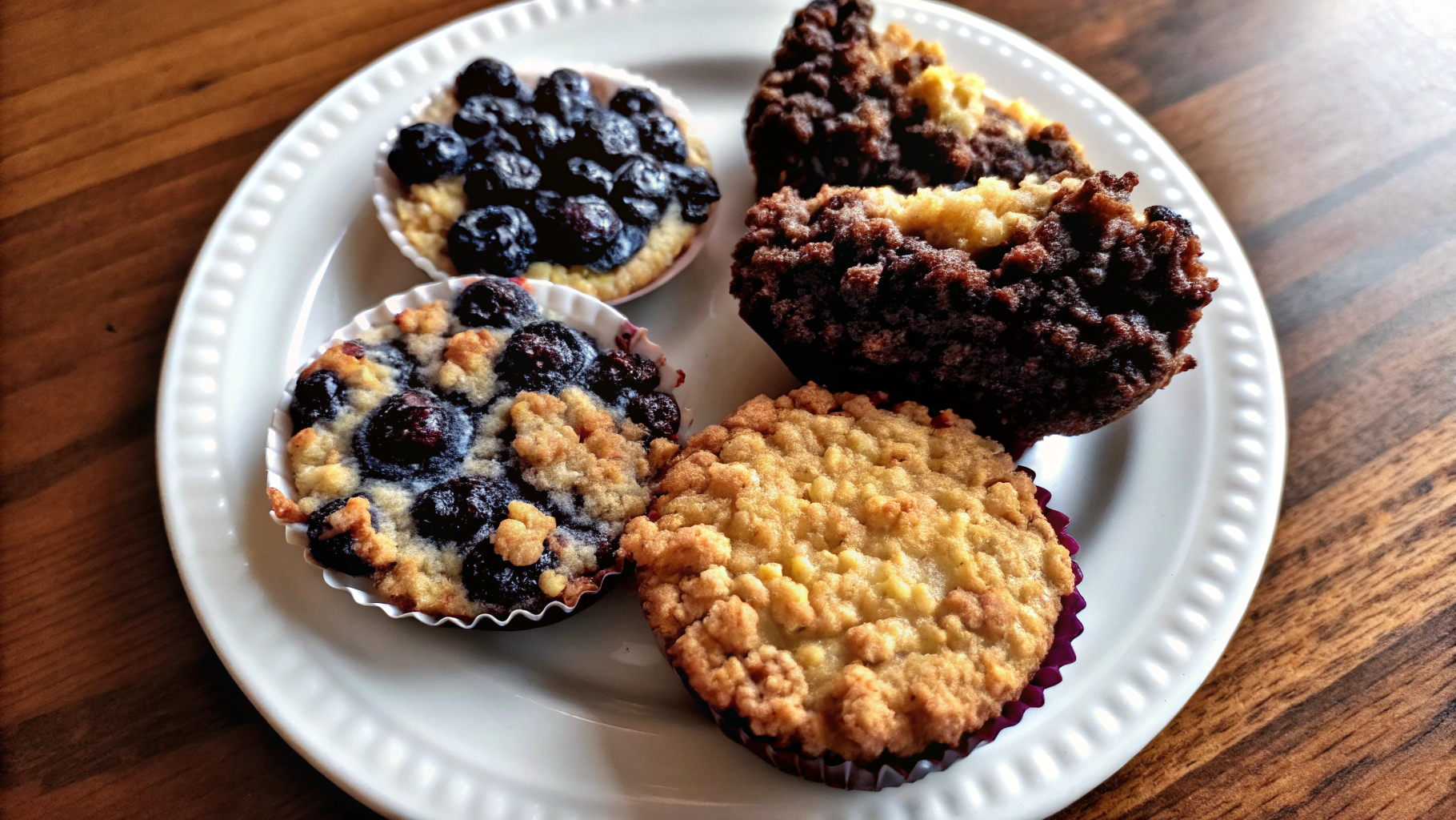 Four variations of crumb cake muffins, including blueberry, chocolate chip, pumpkin spice, and nutty crumb muffins, displayed on a wooden platter.