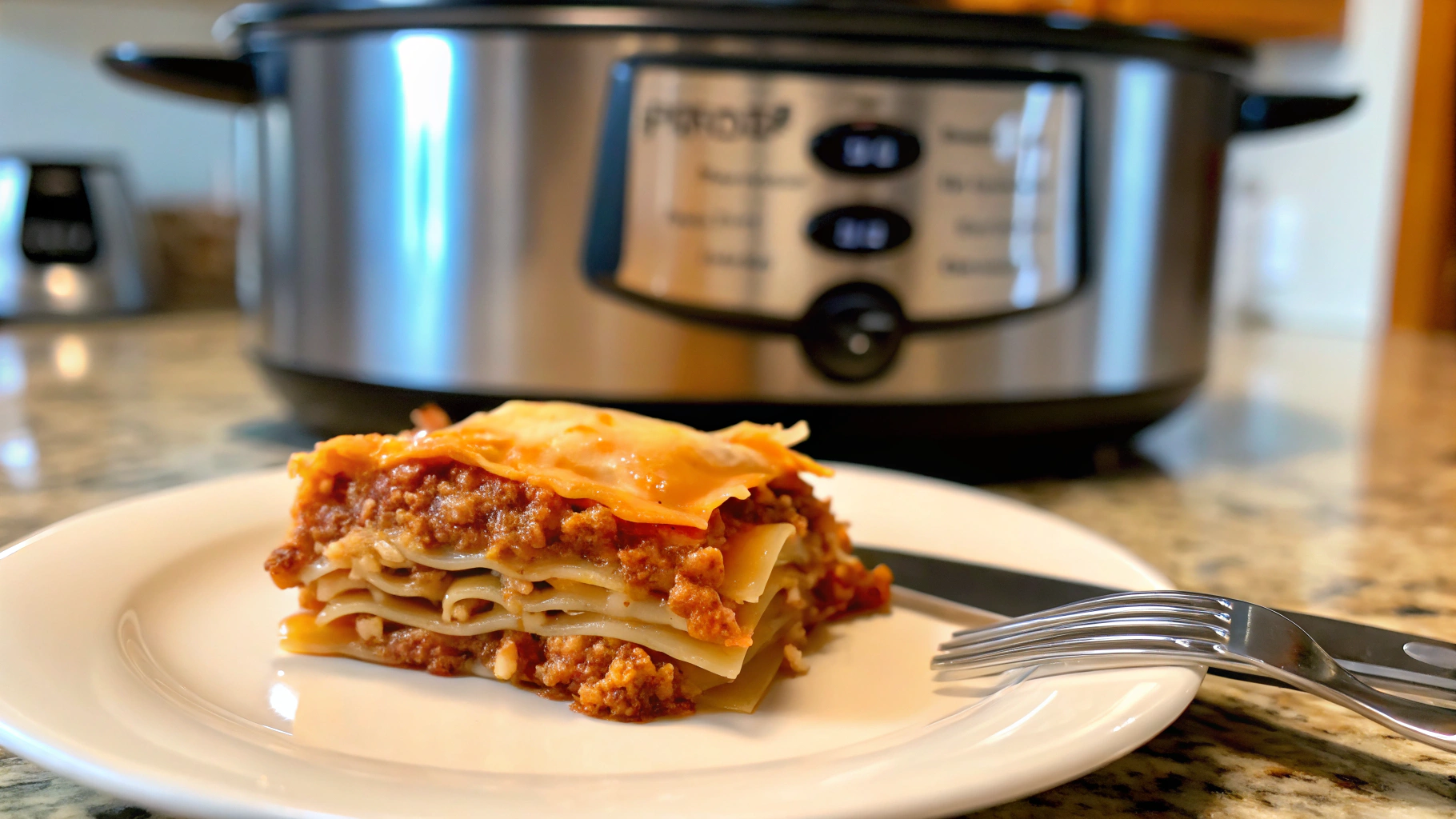 A serving of Crockpot Ravioli Lasagna with layers of melted cheese, marinara sauce, and ravioli, plated with a fork lifting a cheesy bite.