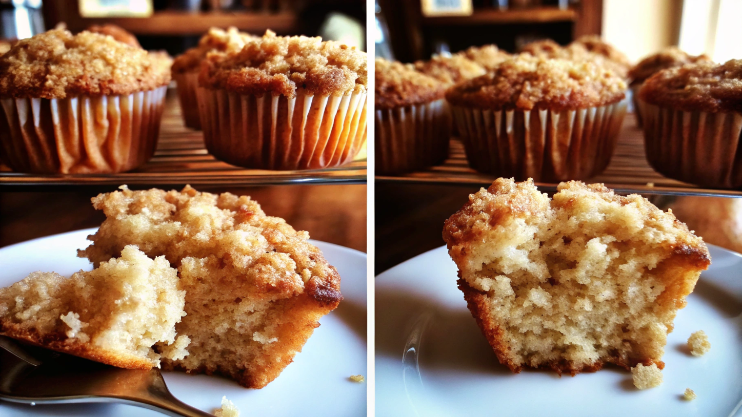 Step-by-step process of making crumb cake muffins, from mixing batter to adding a cinnamon crumb topping and baking.